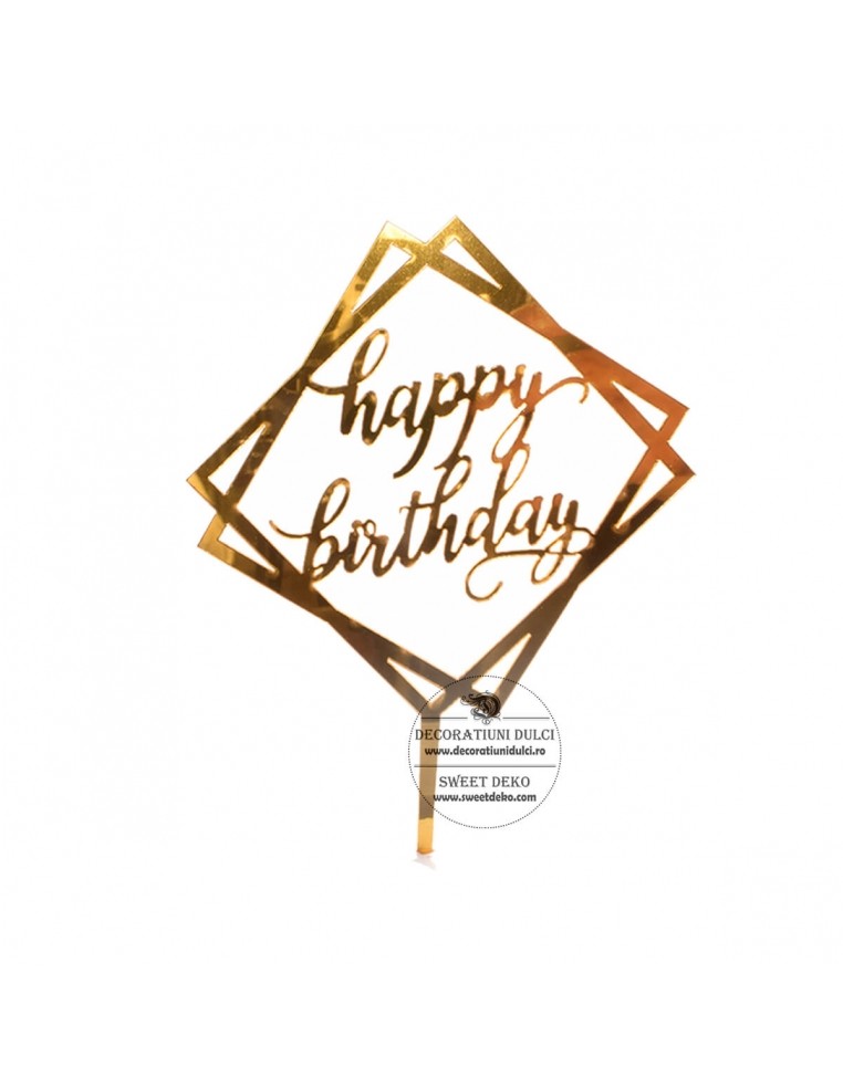 Topper auriu happy birthday in forma patrata