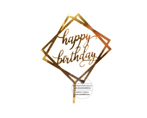 Topper auriu happy birthday in forma patrata
