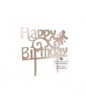 Topper acril argintiu, happy birthday cu fluturas