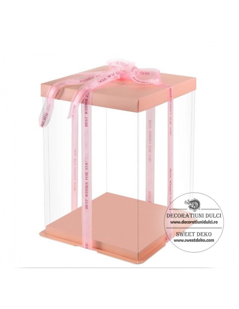 Cutie transparenta patrata pentru tort (capac/suport somon)