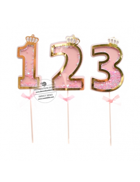 Topper cifra carton roz cu coronita si confetti