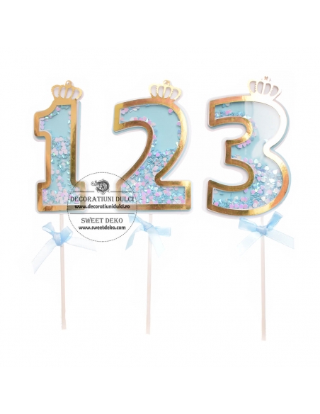 Decor tort cifra carton bleu cu coronita si confetti