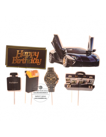 Decor tort pentru el, set 6 cake toppers din carton