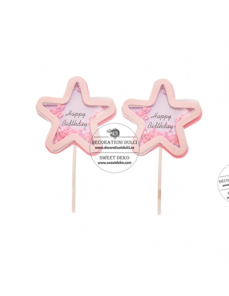 Mini toppers steluta roz cu confetti Happy Birthday