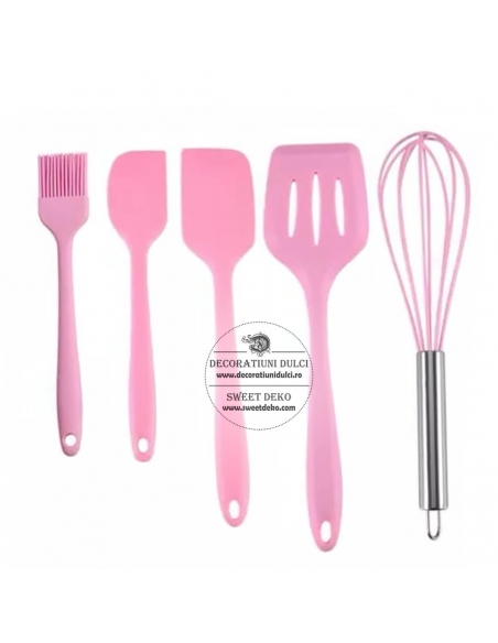 Ustensile roz din silicon, set 5 piese