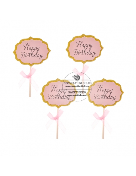 Mini Toppers carton roz/auriu Happy Birthday
