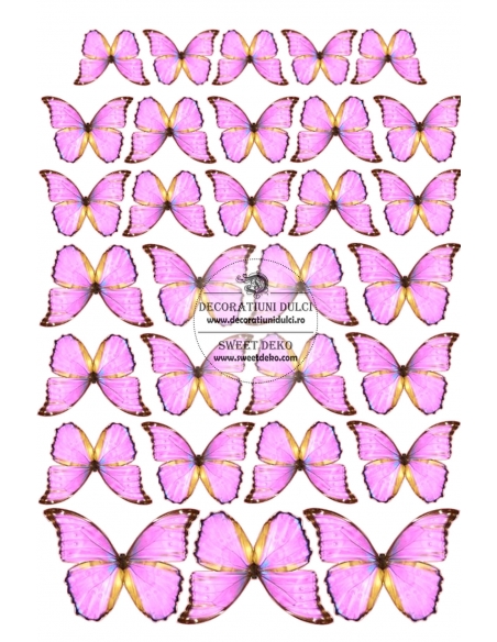 Fluturi roz cu tenta de auriu, pe coala din pasta de zahar