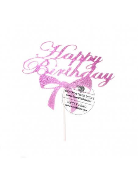 Topper carton glitter ciclam cu fundita, Happy Birthday