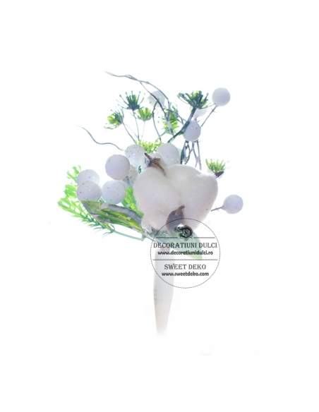 Topper decor bobite albe, bumbac si frunza de vasc
