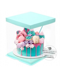 Cutie transparenta patrata pentru tort (capac/suport turcoaz) 2