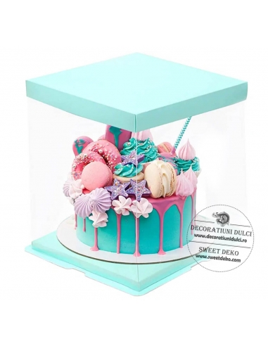 Cutie transparenta patrata pentru tort (capac/suport turcoaz)