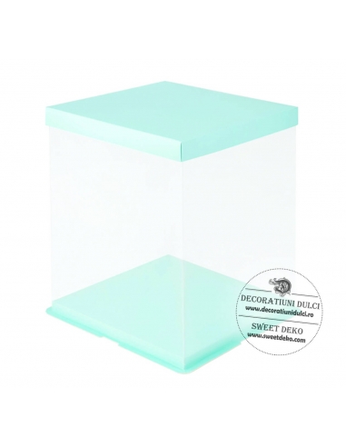 Cutie transparenta patrata pentru tort (capac/suport turcoaz)