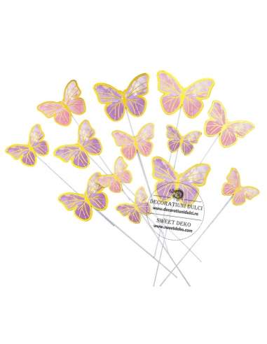 Fluturasi decorativi din carton roz cu bordura aurie (11buc)