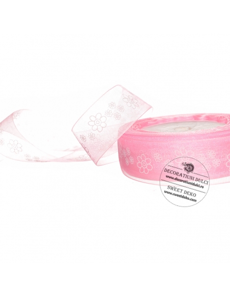 Banda din organza roz cu flori albe