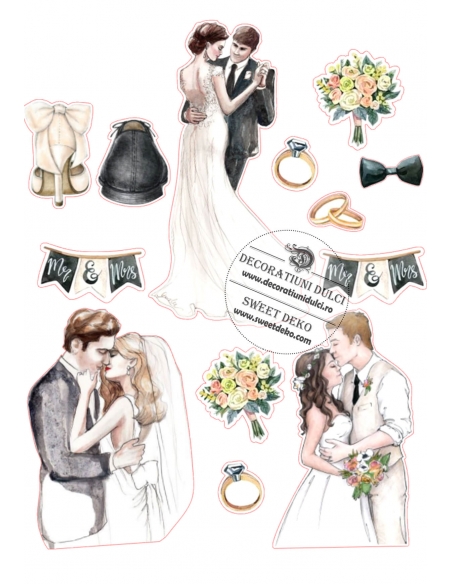 Imagine comestibila pentru decor tort nunta Mr. and Mrs.