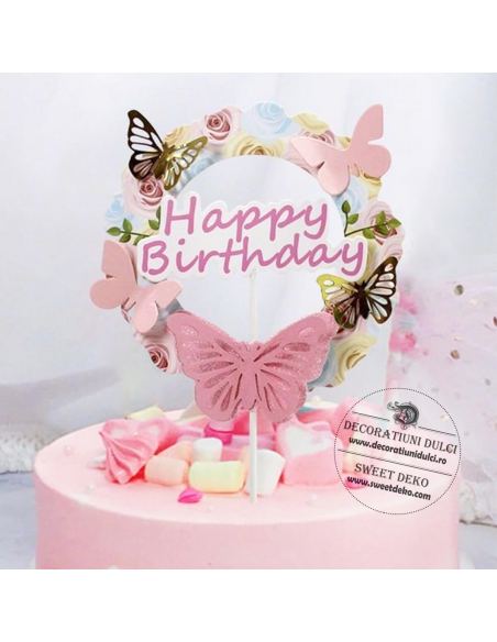 Topper din carton, coronita cu fluturasi roz