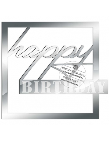 Cake topper patrat Happy birthday si gravare, decor lateral