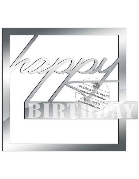 Cake topper patrat Happy birthday si gravare, decor lateral