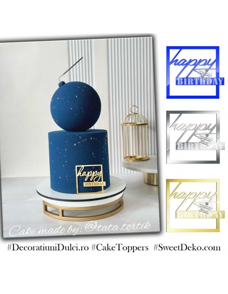 Cake topper patrat Happy birthday si gravare, decor lateral