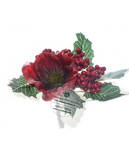 Topper flori anemona grena si frunze de ilice