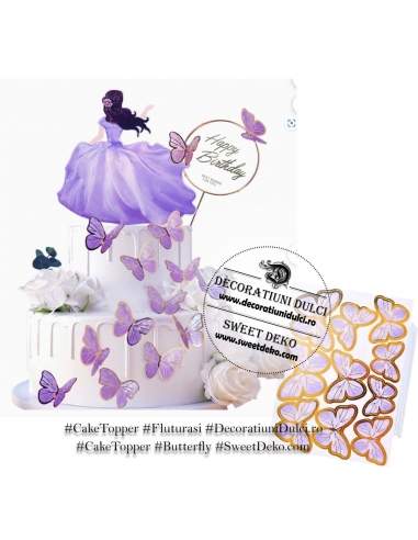 Fluturi din carton lila cu bordura aurie (10buc)