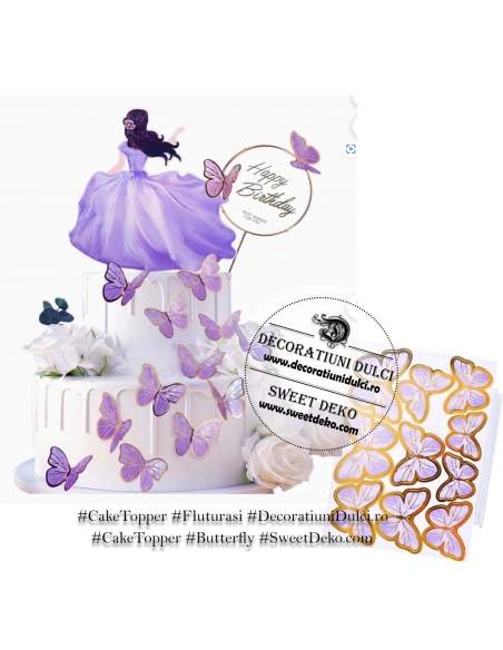 Fluturi din carton lila cu bordura aurie (10buc)