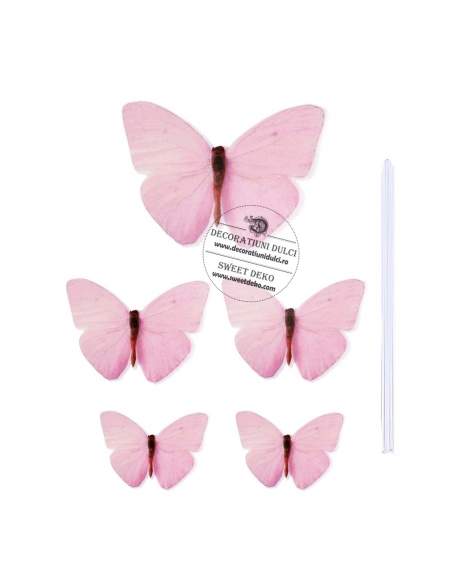 Fluturasi roz pentru decor tort (5 buc/set)