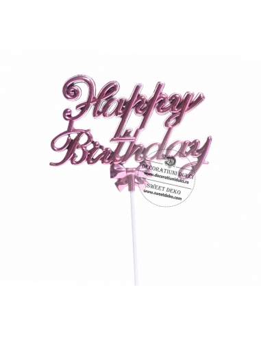 Cake Topper Happy birthday din plastic cu fundita roz intens