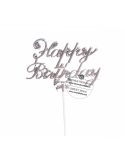 Topper argintiu Happy birthday  din plastic cu fundita