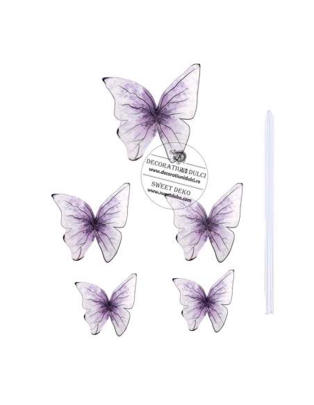 Fluturasi mov cu nervuri negre pentru decor tort (5 buc.)