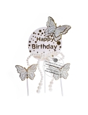 Topper tort Happy Birthday cu fluturasi si perlute
