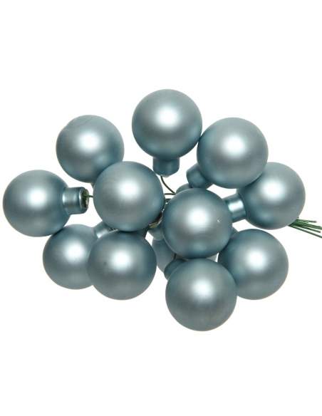 Buchetel 12 globuri din sticla misty blue mat 2.5cm cu sarmulita Decoris