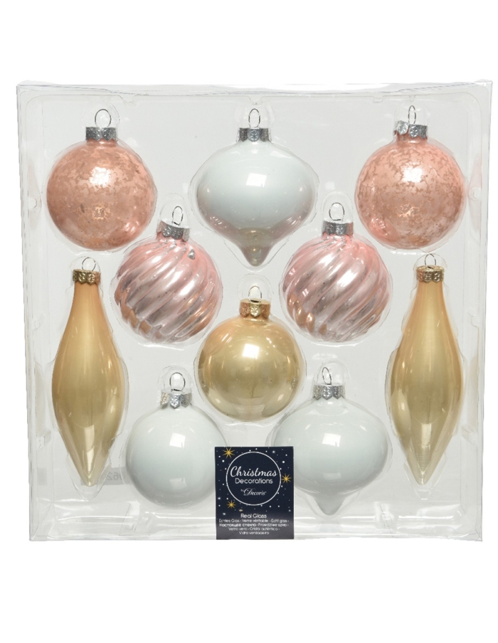 Cutie 10 globuri Craciun premium din sticla pt decor soft pink mix 6cm Decoris