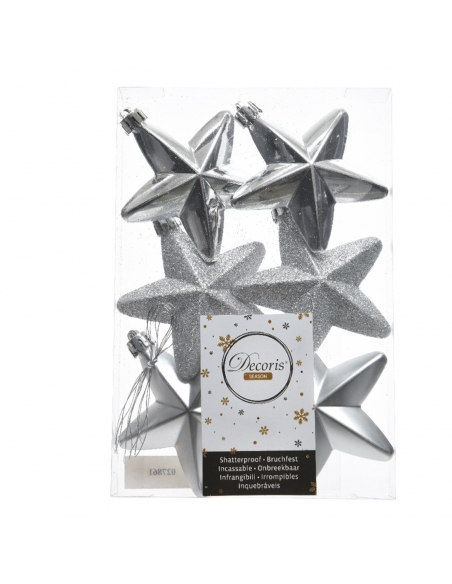 Set 6 globuri de Craciun stelute argintii shatterproof 7.5cm Decoris