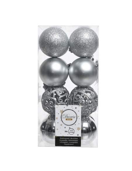 Set 16 globuri shatterproof silver asortate 6cm Decoris