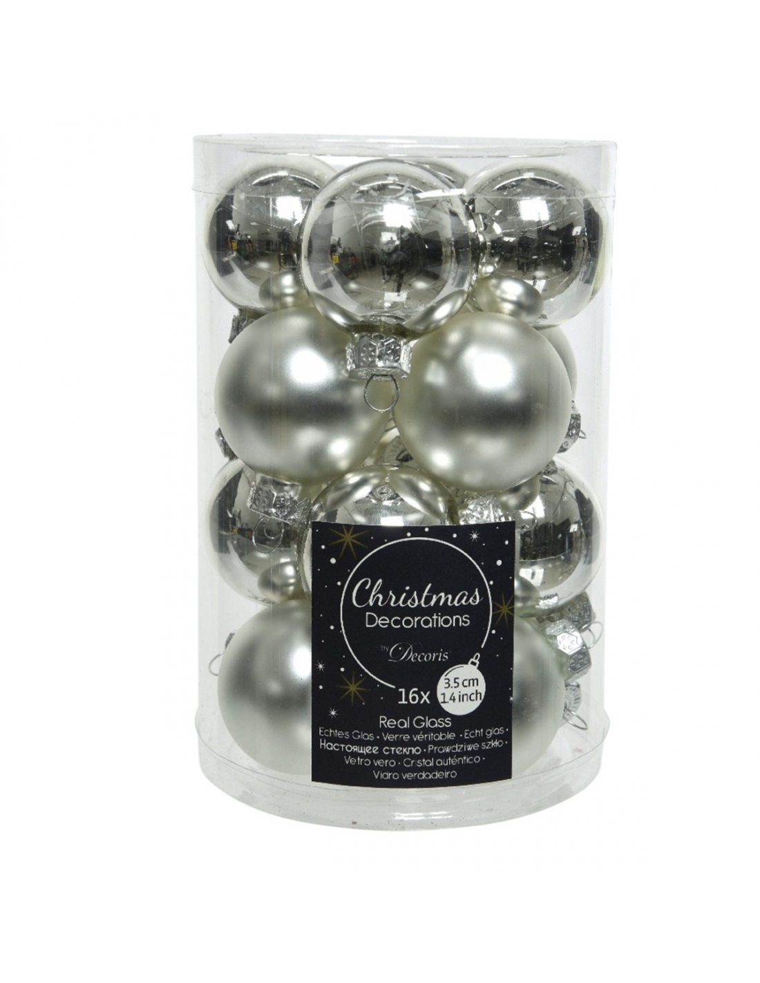 Set 16 globuri din sticla silver matt + shiny 3.5cm Decoris