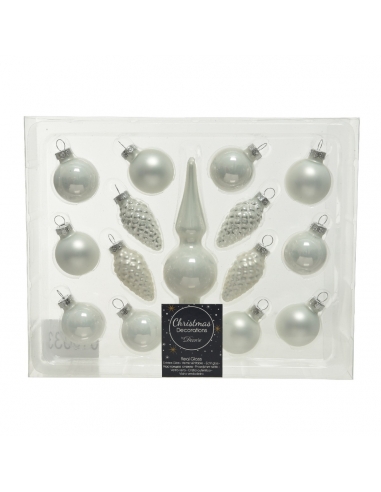 Kit 15 globuri de Craciun din sticla pt bradut winter white mix 3-13cm Decoris