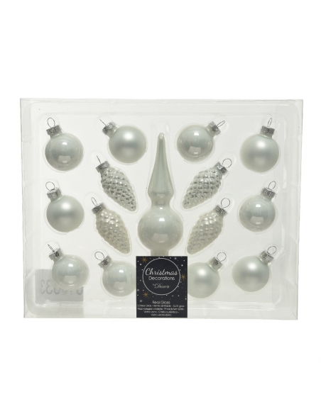 Kit 15 globuri de Craciun din sticla pt bradut winter white mix 3-13cm Decoris