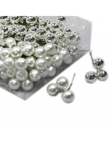 Set 144 globuri din sticla argintiu mat+lucios 2 cm cu sarma
