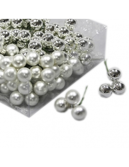 Set 144 globuri din sticla argintiu mat+lucios 2 cm cu sarma