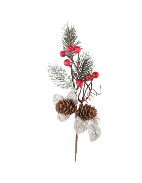 Crenguta de Craciun cu 2 conuri, brad, bobite rosii si carliont 25cm