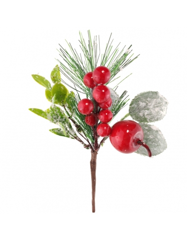 Crenguta de iarna cu mar, pin, bobite rosii si frunze de trandafir 16cm