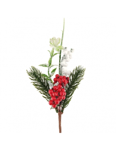 Crenguta de iarna cu floricele inzapezite, ilex si brad 22cm