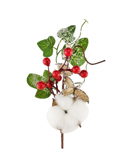 Crenguta de Craciun inzapezita cu bumbac, lotus, bobite si vasc 22cm