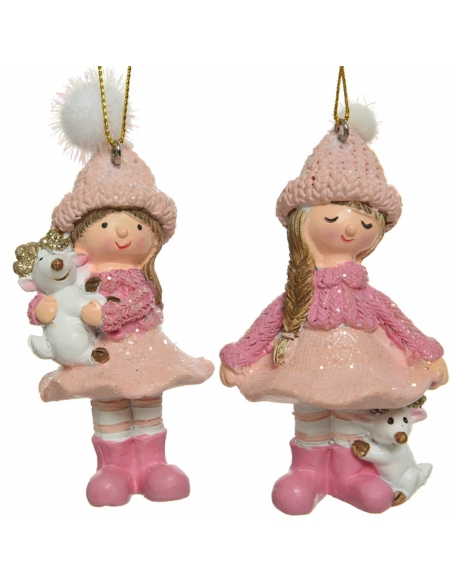 Decoratiune Craciun fetita roz cu ren din rasina, pandantiv 9cm Decoris