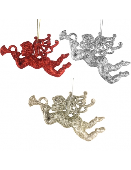 Decoratiune Craciun pt brad ingeras cu trompeta, pandantiv cu sclipici 13cm