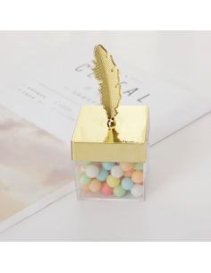 Marturie Nunta Cutie patrata acrilica cu pana aurie, caseta 11x5cm