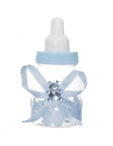 Marturie Botez Biberon bleu cu ursulet acrilic si fundita 9cm