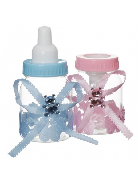 Marturie Botez Biberon roz cu ursulet acrilic si fundita 9cm