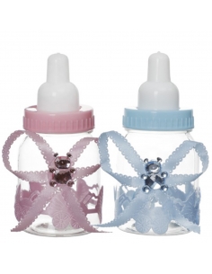 Marturie Botez Biberon roz cu ursulet acrilic si fundita 9cm 2